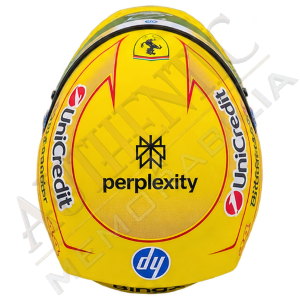 Top view of Lewis Hamilton yellow Ferrari signed helmet