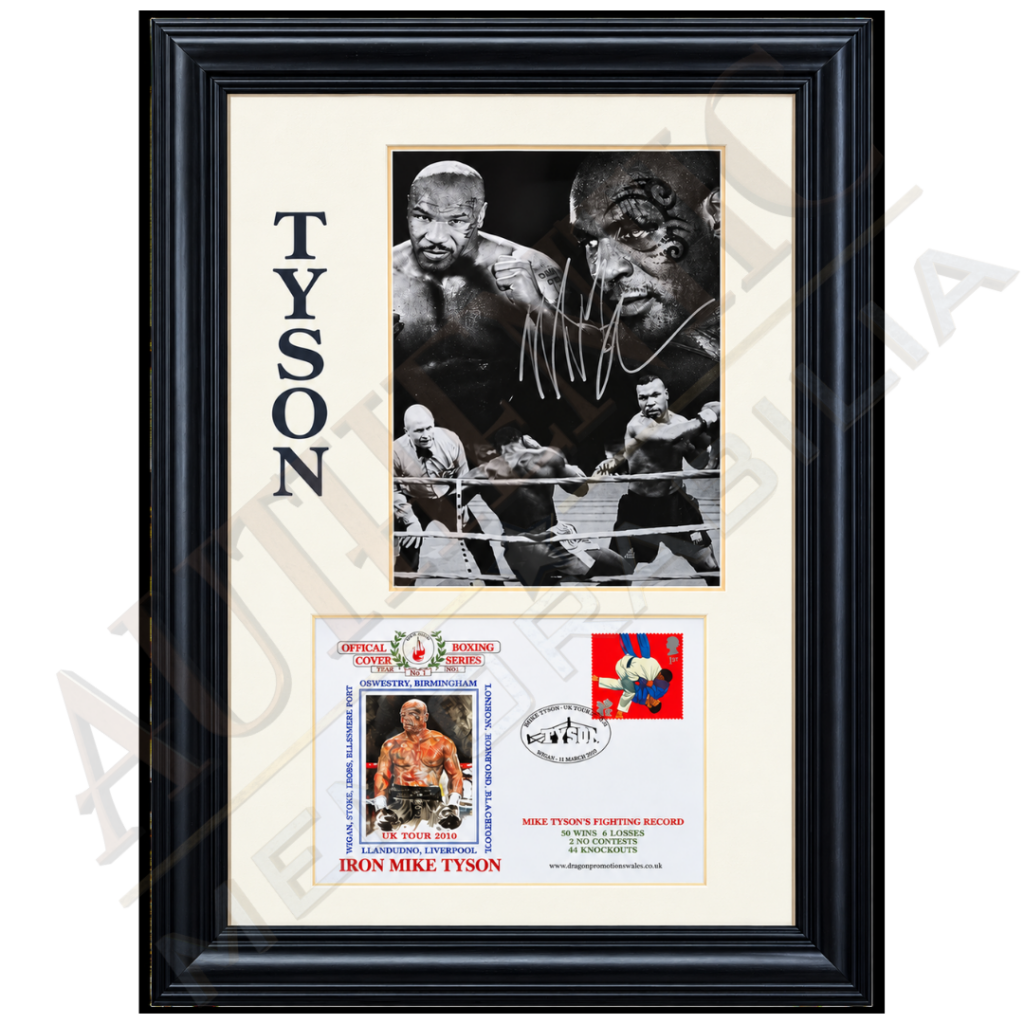 Mike Tyson signed photograph with commemorative first day cover in black frame