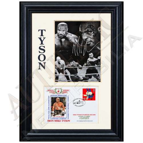 Mike Tyson signed photograph with commemorative first day cover in black frame